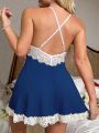 Women'S Splice Lace Pom Pom Ball Detail Knotted Cami Sleeping Dress