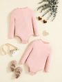 SHEIN Baby Girls' 2pcs Solid Color Ribbed Knit Bodysuit