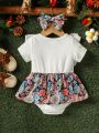 Baby Girl Floral Pattern Round Neck Romper With Ruffle Trimmed & Bow Decoration