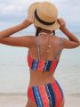 Teenage Girls' Bohemian Style Geometric Print Bandeau Bikini Set For Swimming