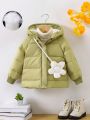 Girls' Shoulder-strap Bag & Hooded Padded Coat With Raglan Sleeves