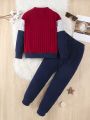Boys' Color Blocking Patch & Detail Round Neck Long Sleeve Top And Casual Pants Set
