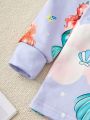 Toddler Girls' Pink Fish & Fairy Patterned Long Sleeve Top And Pants Set For Autumn And Winter, For Home Wear