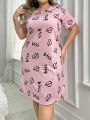Plus Size Women'S Short Sleeve Sleep Dress With Lips & Letter Print