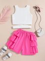 Spring And Summer White Knitted Cross Back Vest And Cake Skirt Two-Piece Outfit For Tween Girl, Perfect For Birthday Parties Or Leisure Vacations