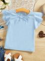 SHEIN Kids EVRYDAY Young Girls' Blue Lotus Edge Short Sleeve Shirt For Summer