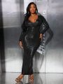 SHEIN Slayr Women's Alligator Texture Notched Neck Bodycon Dress With Bag Hip Design