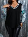 SHEIN LUNE Plus Size Colorblock V-neck Blouse