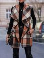 Women's Plaid Waterfall Lapel Sleeveless Vest Jacket