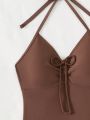 SHEIN Swim Chicsea Ladies' Halter Neck Drawstring One-Piece Swimsuit With Matching Drawstring Bikini Skirt