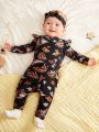 SHEIN Newborn Baby Girls' Ruffled Round Neck Long Sleeve Jumpsuit With Footies, Long Pants And Headband 3pcs/Set