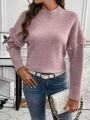 Women'S Raglan Sleeve Fringed Knitted Sweater With Shoulder Patches