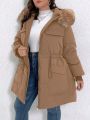 Plus Drawstring Waist Fuzzy Trim Hooded Parka Coat