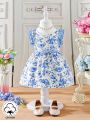 Blue Floral Patchwork Baby Dress With Ruffle Hem And Cute Bowknot