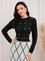 SHEIN Modely Geo Pattern Pearls and Rhinestone Beaded Sweater Dress