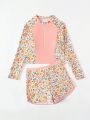 Teen Girls' Floral Print Long Sleeve T-shirt And High Waist Bikini Bottom, Summer