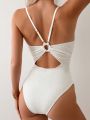 SHEIN Swim Mod Ladies' Solid Color Hollow Out Back One-Piece Swimsuit