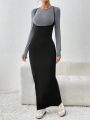 SHEIN Privé 2pcs/Set Long Sleeve Slim Fit T-Shirt And High Split Strap Dress