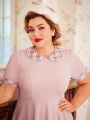 SHEIN DECDS Plus Size Vintage Elegant Plaid Splicing Doll Collar Short Sleeve A-Line Dress With Umbrella Hem