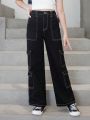 Girls' (big) New Casual Fashionable Workwear Style Straight Leg Jeans With Multi Pockets