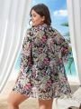 SHEIN Swim Classy Plus Size 1pc Full Printed Pompom Sleeve Cuff Kimono With Floral Patterns