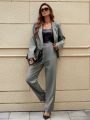 SHEIN Privé Women's Solid Color Collarless Blazer With Waist Belt & Straight Pants Suit Set