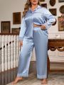 Plus Size Women's Solid Color Long Sleeve Long Pants Pajama Set