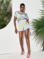 Shwetha Anand Designs Abstract Floral Batwing Crop Top And Paper Bag Shorts