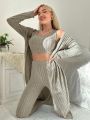 3pcs Solid Ribbed Knit Lounge Set With Robe