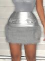 SHEIN SXY Sexy Silver Metallic Pu Leather And Patchwork Skirt For Club Party