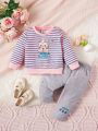 Baby Girls' Striped Cat Pattern Hoodie And Pants Set, Autumn Winter