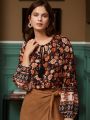 SHEIN Frenchy Vintage Floral Print Boho Style V-Neck Puff Sleeve Blouse