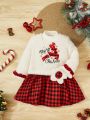 SHEIN Baby Girl Plaid & Christmas Print Flounce Sleeve Dress & Bag