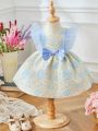 SHEIN Baby Girls' Flower Jacquard Mesh Sleeveless Dress With Ruffle Hem And Bow Accent