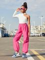 SHEIN Kids Cooltwn Tween Girls Casual Knitted Monochrome Single-Shoulder Long Sleeve Top With Elastic Cuffs And Tied Feet Overalls Trousers
