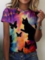 SHEIN LUNE Casual Women's Butterfly And Cat Print Tie-dye T-shirt