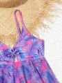Teen Girls' Separated Two-Piece Swimsuit With Romantic Plant Print