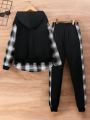 Teen Boys' Slogan Print Plaid Panel Hoodie And Sports Pants Two Piece Set For Fall/Winter