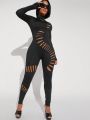 Asavvy High Neck Ripped Cut Out Unitard Jumpsuit