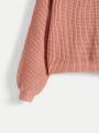 SHEIN Girls' Solid Color Casual Loose Fit High Neck Hollow Knit Sweater