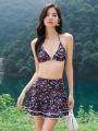 Little Floral Print Halter Swimsuit Set With Lace Detailing