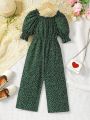 Young Girl'S Polka Dot Print Wide Leg Jumpsuit With Puff Sleeves, Frill Decor And Pleated Design For Beach Vacation Summer Outfits
