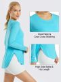 Women's Split Hem Sun Protection Long Sleeve T-shirt With Collar/light Blue