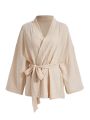 SHEIN Leisure Comfy & Breathable Lightweight Crinkle Cotton Gauze Kimono Style Lounge Top - Khaki