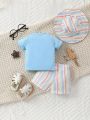 SHEIN Baby Boy T-Shirt, Shorts And Fisherman Hat Outfit, Stylish And Comfortable For Casual Outdoor Activities In Spring And Summer