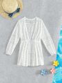 Young Girl Hollow Out Long Sleeve Tie Front  Kimono