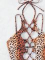 SHEIN Swim SXY Women'S Leopard Print Tie Strap One-Piece Swimsuit