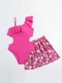 Teen Girls' One-Piece Swimsuit With Flower Print Cover-Up Skirt