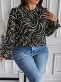 SHEIN Frenchy Plus Allover Print Flare Sleeve Keyhole Back Blouse