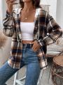 SHEIN LUNE Plaid Hooded Button Front Shirt